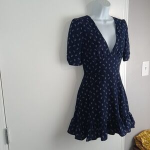 Showpo Dress Womens 2 Navy Blue White Floral Mini Puff Sleeve Ruffle Hem V Neck